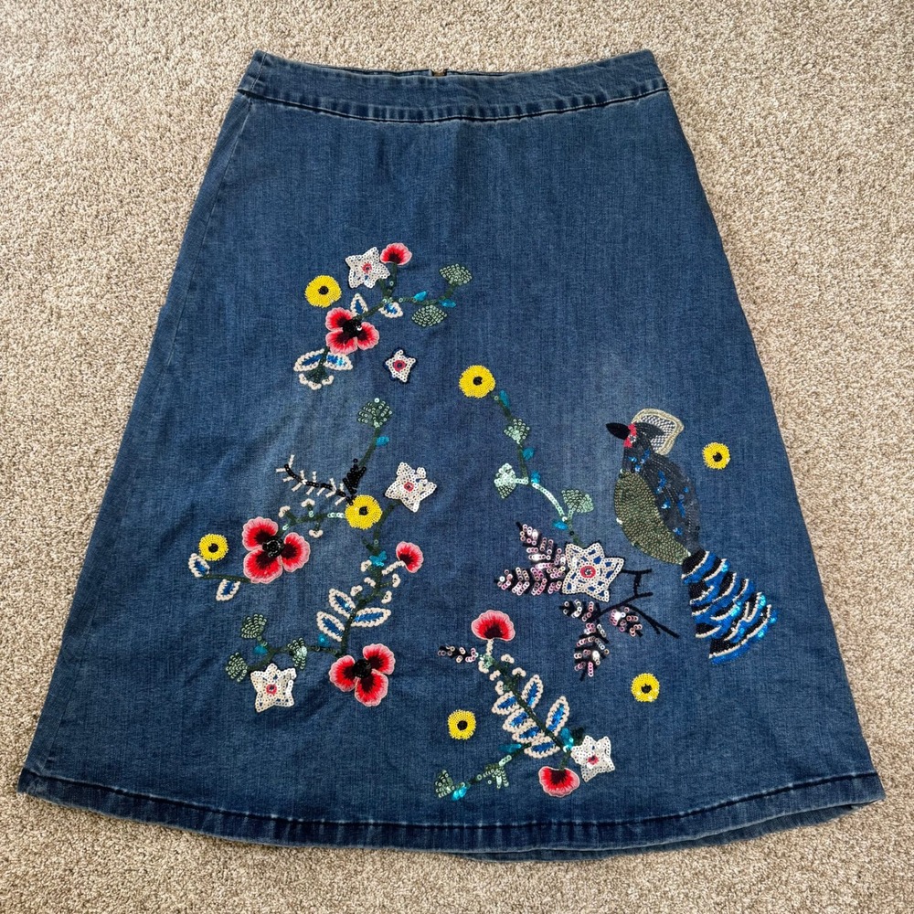 V Cristina Womens 14 Blue Denim A-Line Skirt Sequin Bird Floral Embroidered Midi